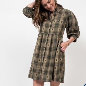 Ivy Jane Olive Green and Beige Plaid Button Up Short Casual Dress